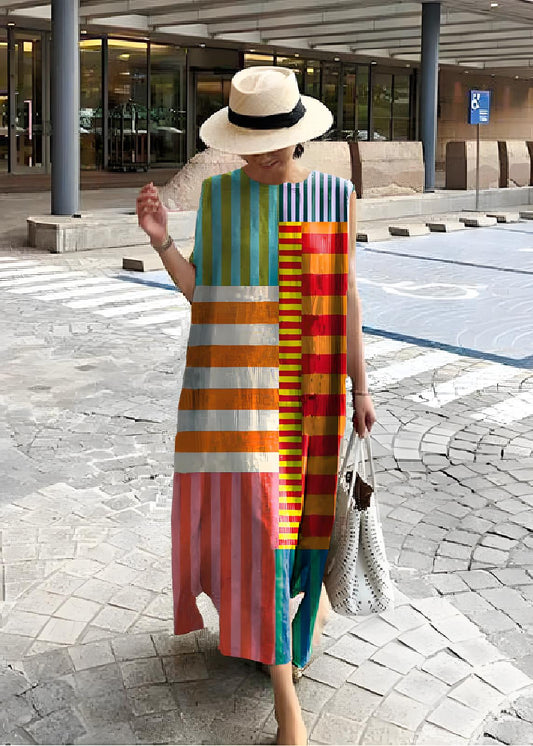 Boho O Neck Side Split Linen Cotton Printed Dress