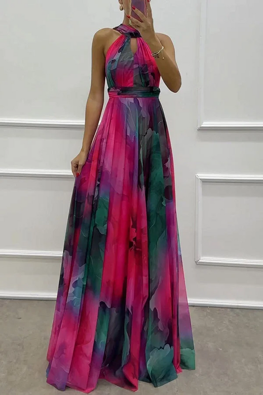 French Women's Large Tulle Floral Printed Hollow Out Halter Tie Long Dresses