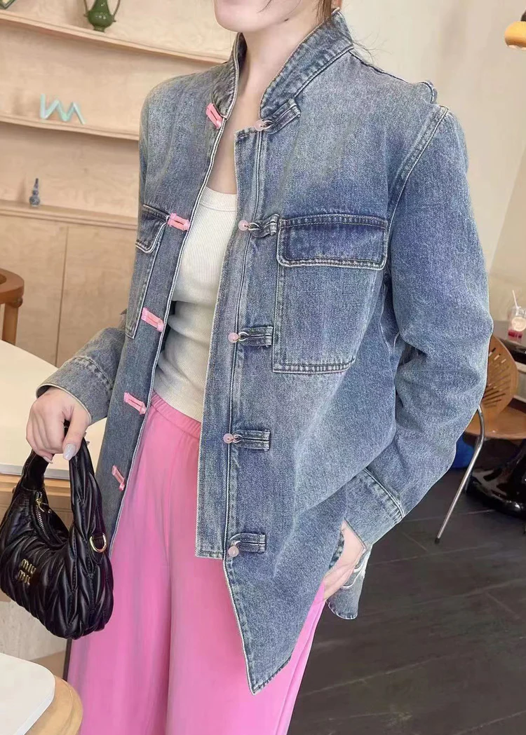 Chinese Embroidered Button Denim Jacket Long Sleeve
