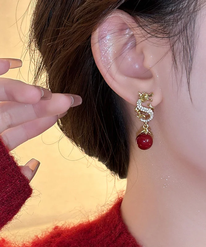 Elegant Red Copper Alloy Zirconia Golden Dragon Dangle Earrings