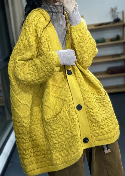 Modern Yellow Oversized Pocket Rabbit Hair Knit Cardigan Winter
