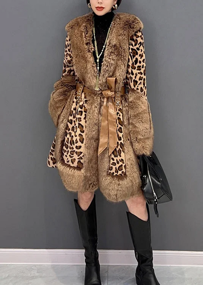 Leopard Fur Collar Printed Patchwork Tie Waist Mink Leather Fur Thick Jacket