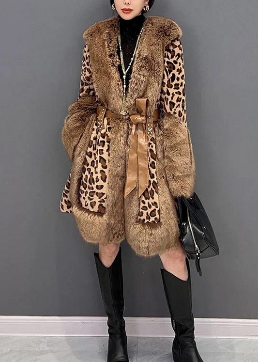 Leopard Fur Collar Printed Patchwork Tie Waist Mink Leather Fur Thick Jacket