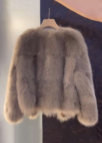 Italian Brown V-Neck Leather and Fur Coat