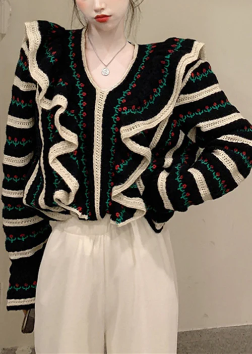 Women's Italian Black V-Neck Ruffle Cutout Knit Sweater