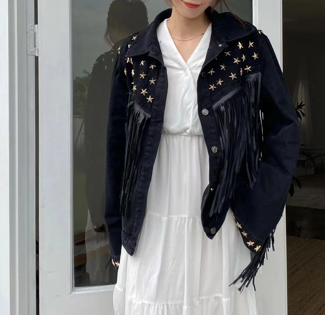 Stylish Pentagram Willow Tassel Trimmed Denim Jacket