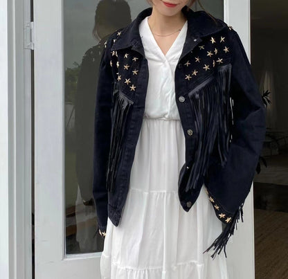 Stylish Pentagram Willow Tassel Trimmed Denim Jacket
