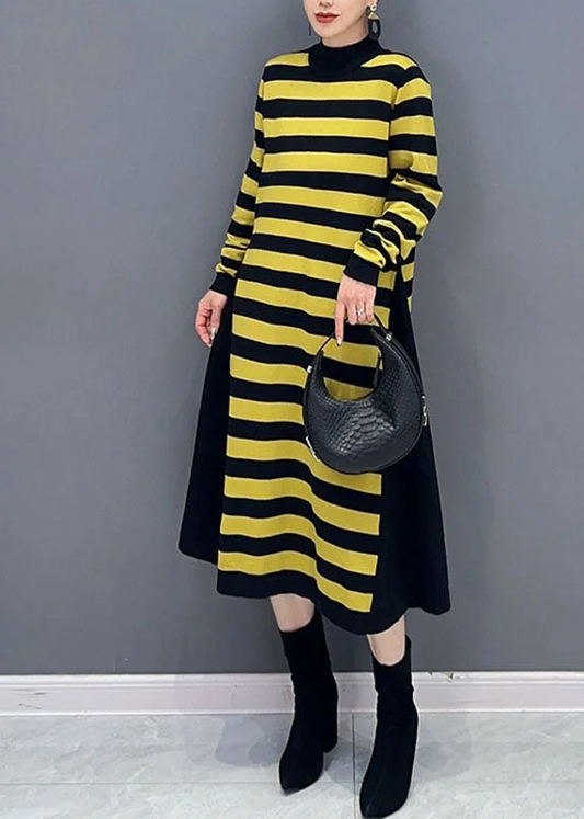 Women's Loose Yellow Round Neck Striped Patchwork Party Long Sleeve Dresses