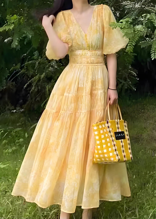 Women's Boho Yellow V-Neck Printed Long Dresses