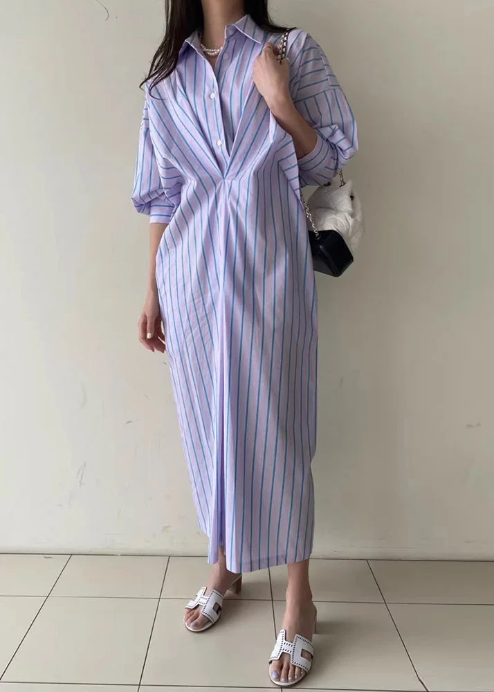 Women's Casual Beach Blue Striped Button Down Cotton Shirt Dresses