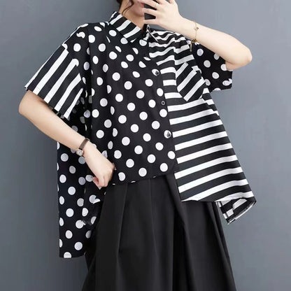 Plus Size Irregular Polka Dot Striped Short Sleeve Shirt