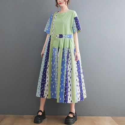 Loose Round Neck Spliced Color Block Polka Dot Short Sleeve Dress