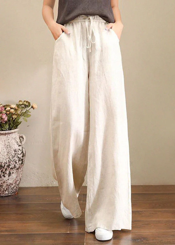 Loose Elastic Waist Pocket Linen Wide Leg Pants
