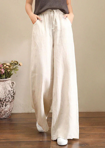 Loose Elastic Waist Pocket Linen Wide Leg Pants