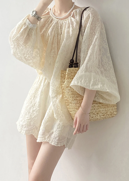 Women's Original Beige Embroidered Top and Shorts Cotton Two-Piece Set