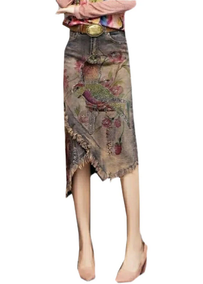 Personalized Printed Belted Asymmetrical Denim Skirt