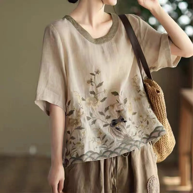 Vintage Embroidery Round Neck Color Clash Linen Short Sleeve Shirt Top