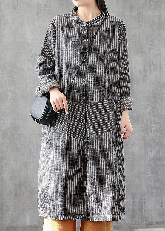 Gray Striped Linen Tunic Tunic Stand A-Line Skirt Dress