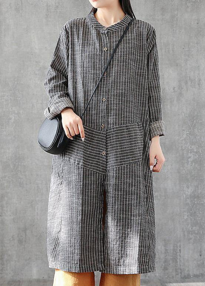 Gray Striped Linen Tunic Tunic Stand A-Line Skirt Dress