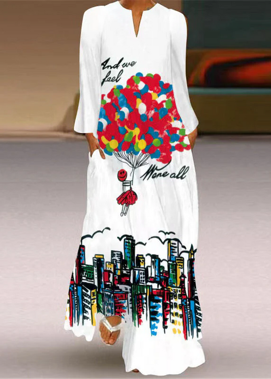 Women's Beach Boho Party Mom Colorblock V Neck Printed Long Dresses  Cowboy