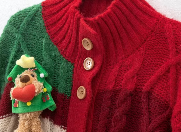 Women's Christmas Love Bear Cardigan Knit Sweater Jacket Winter