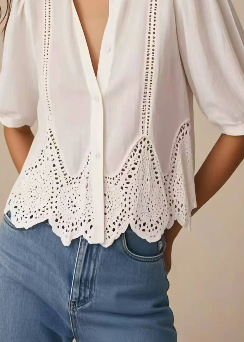 Women's Lace Bohemian White Slim Shirt