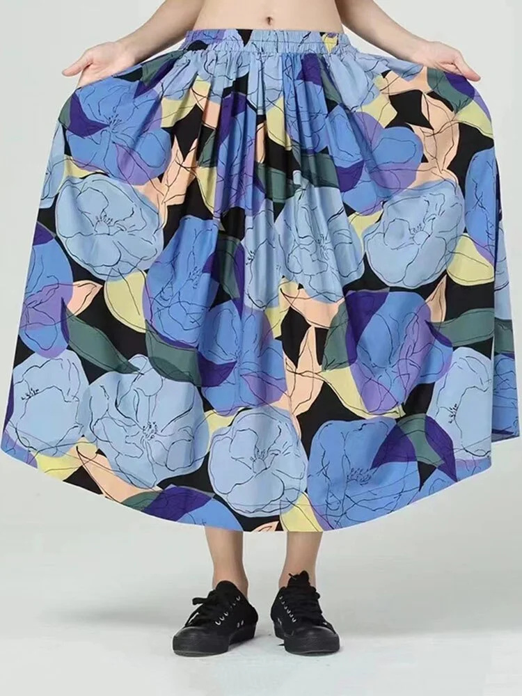 Italian Women's Elastic Waist Floral Print Pleated A-Line Skirt