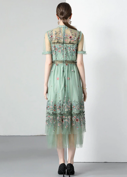 Italian Women's Light Green Ruffle Embroidered Ruched Tulle Dress