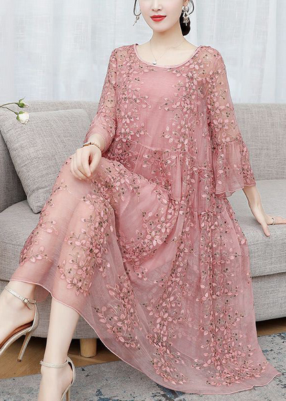 Women's Embroidered Ruffle Tie Dress Flared Sleeve