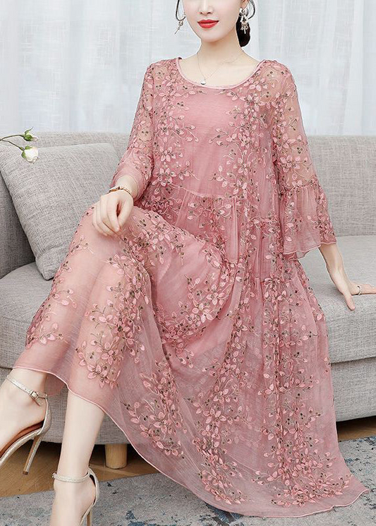 Women's Embroidered Ruffle Tie Dress Flared Sleeve