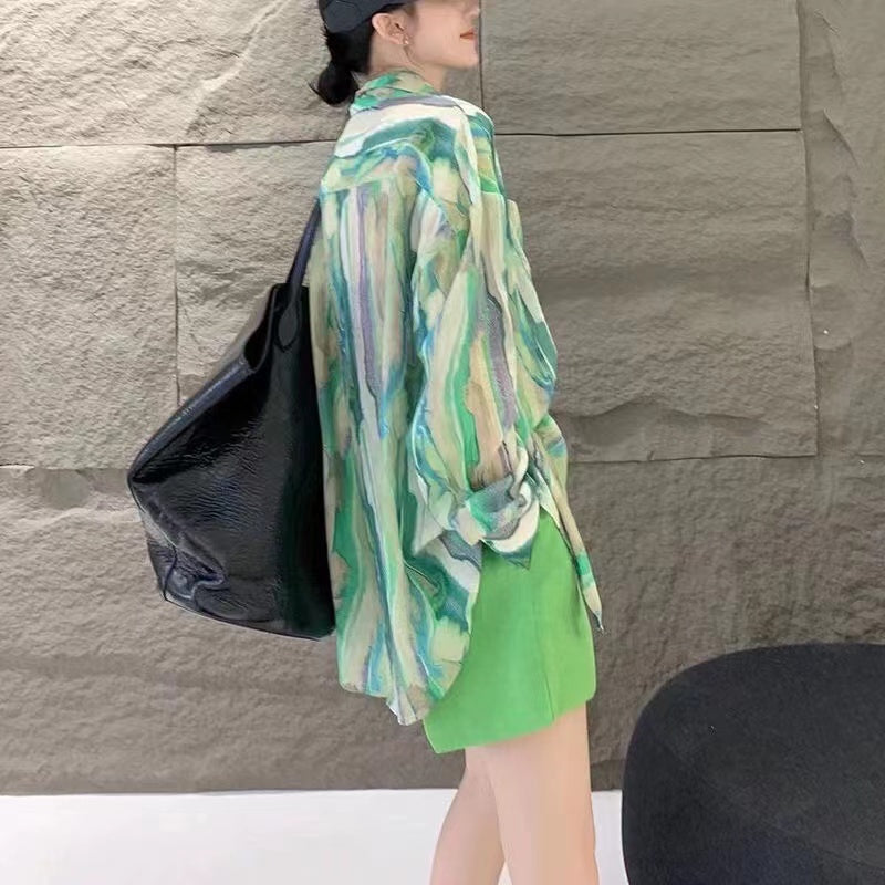 Casual Striped Floral Design Cotton Shirt Top