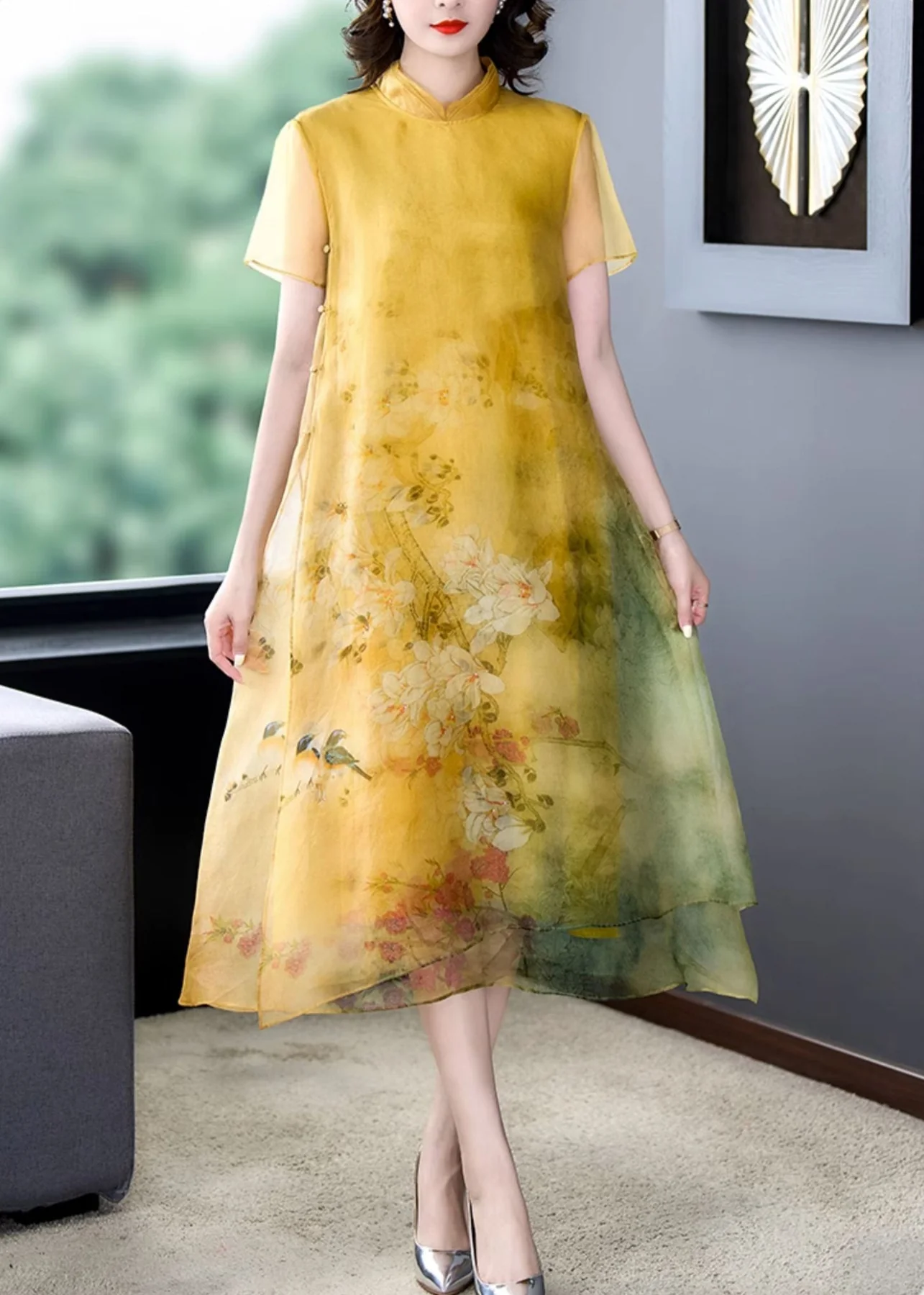 Chinese Style Party Yellow Standing Collar Button Printed Silk Maxi Dress