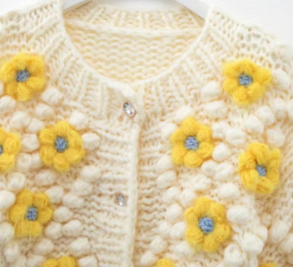 French handmade three-dimensional floral cardigan knitted sweater coat winter