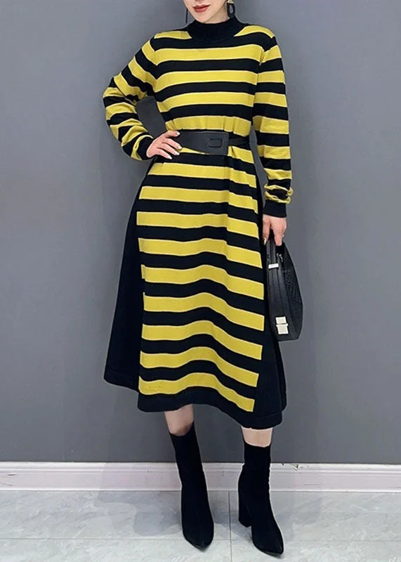 Women's Loose Yellow Round Neck Striped Patchwork Party Long Sleeve Dresses