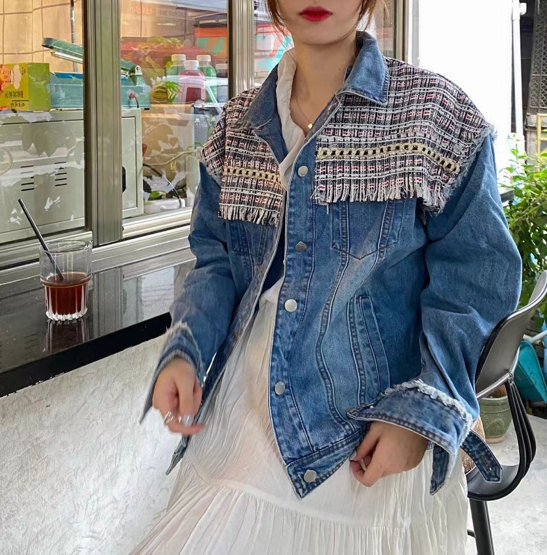Casual Embroidered Fringe Spliced Denim Jacket