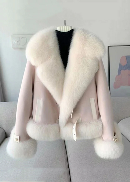 Women's Beige Hair Collar Patchwork Coat Winter