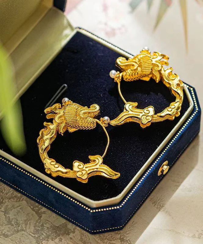 Chinese Style Gold Copper and Gold Plated Pearl Hoop Earrings