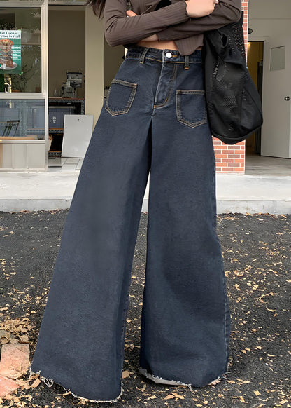 Women's Black Button Denim Wide Leg Pants Spring
