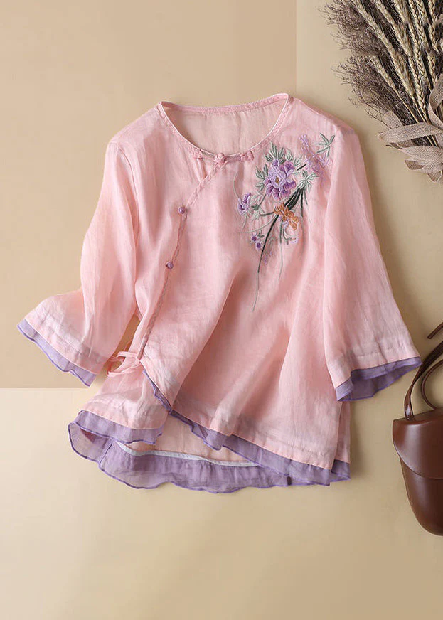 Women's Cotton Linen Linen Embroidery Button Short Sleeve Shirt