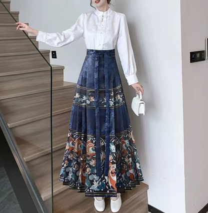 Women's Vintage High Waist Pleated Printed Strappy Skirt