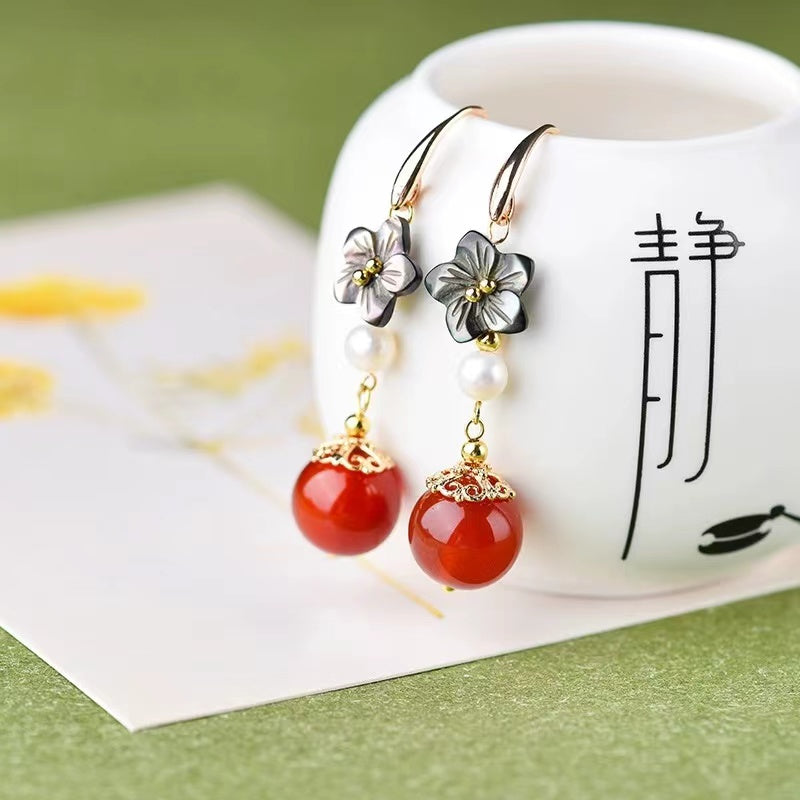 Vintage Onyx Pearl Flower Dangle Earrings