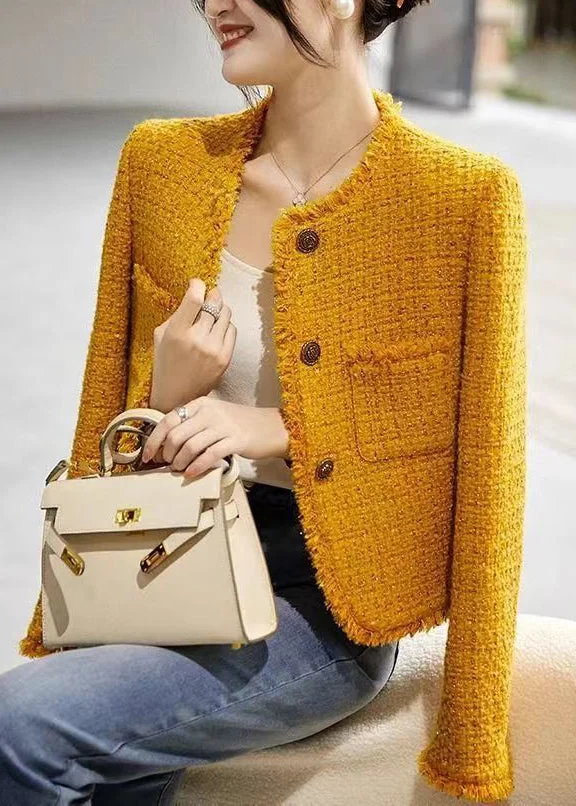 Women's Party New Yellow O Neck Button Pocket Cotton
