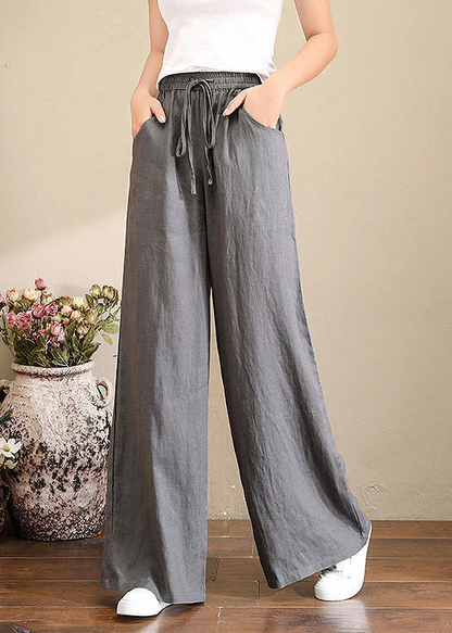 Loose Elastic Waist Pocket Linen Wide Leg Pants