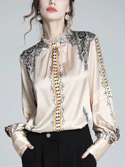Elegant Standing Collar Printed Lace Patchwork Silk Blouse