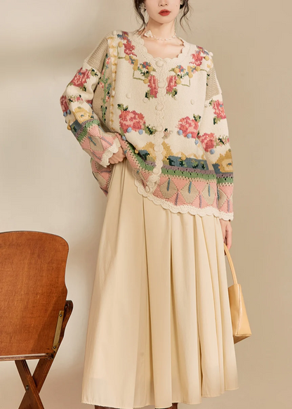 Loose Beige Embroidered Button Knit Cardigan