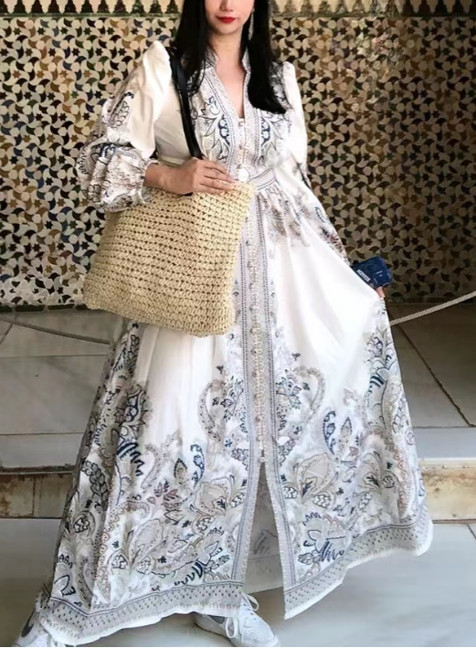 French Printed Button Up Long Sleeve Long Dresses