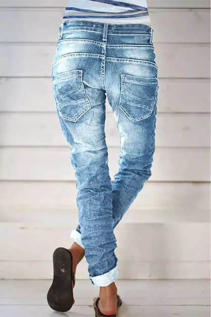 Organic denim street solid color distressed quilted high waisted jeans