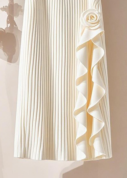 Italian Women's Beige Striped Patchwork Floral Knit Long Dress Spring