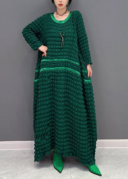 Women's Italian Green Round Neck Long Sleeve Patchwork Dress Spring