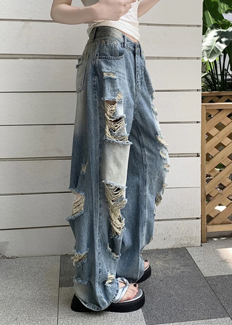 Women's Party Travel Blue Pocket Patchwork Ripped Jeans Spring